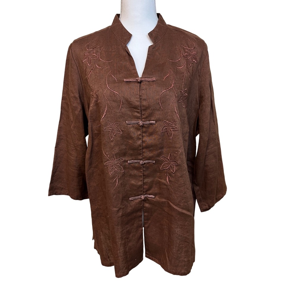 ALEXANDRA BARTLETT Brown Linen Tunic Top 2X Embroidered Asian Travel Boho Zen